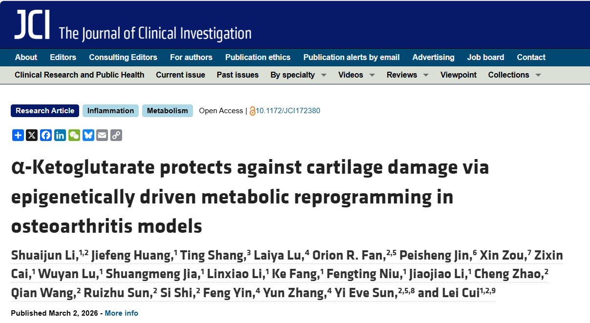 JCI|崔磊教授团队揭示骨关节炎发生发展关键驱动因素，为治疗提供全新靶点