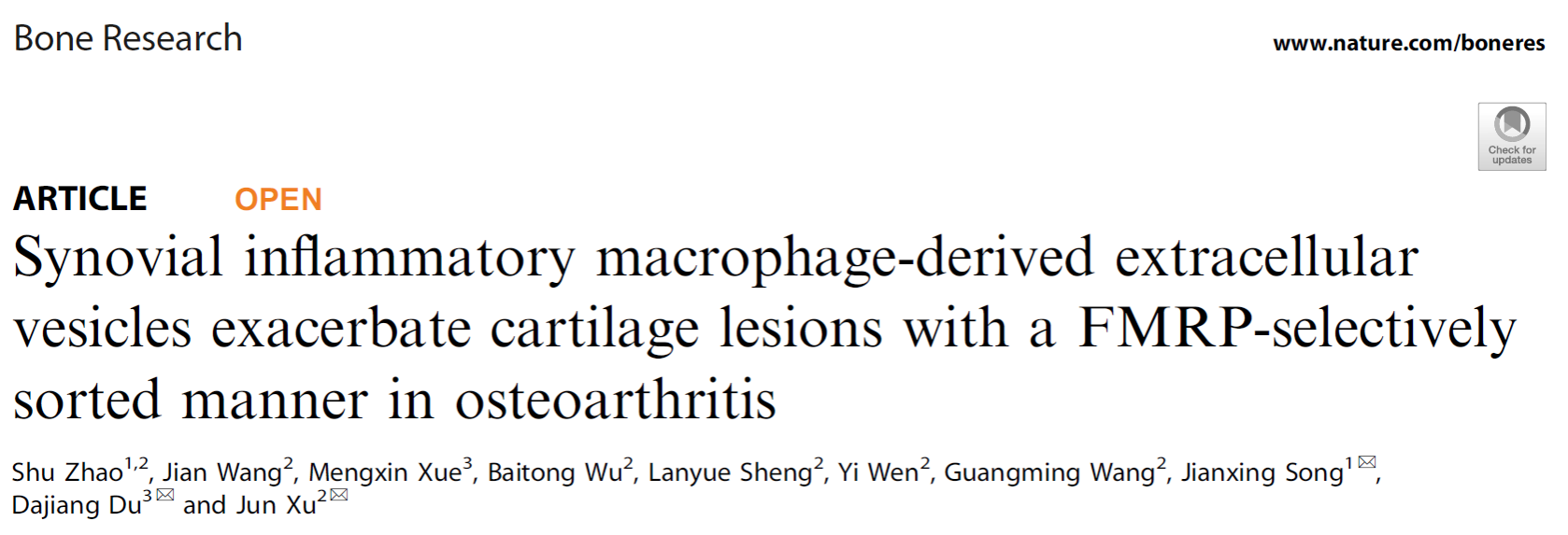 Bone Research | 徐俊团队破解骨关节炎早期阶段慢性炎性启动软骨退变的难题，创建基于工程化外泌体的骨关节炎诊疗新策略